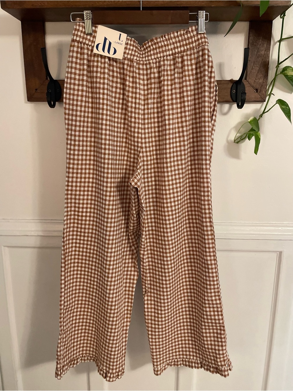 Gingham Pull-On Pants in Brown and White